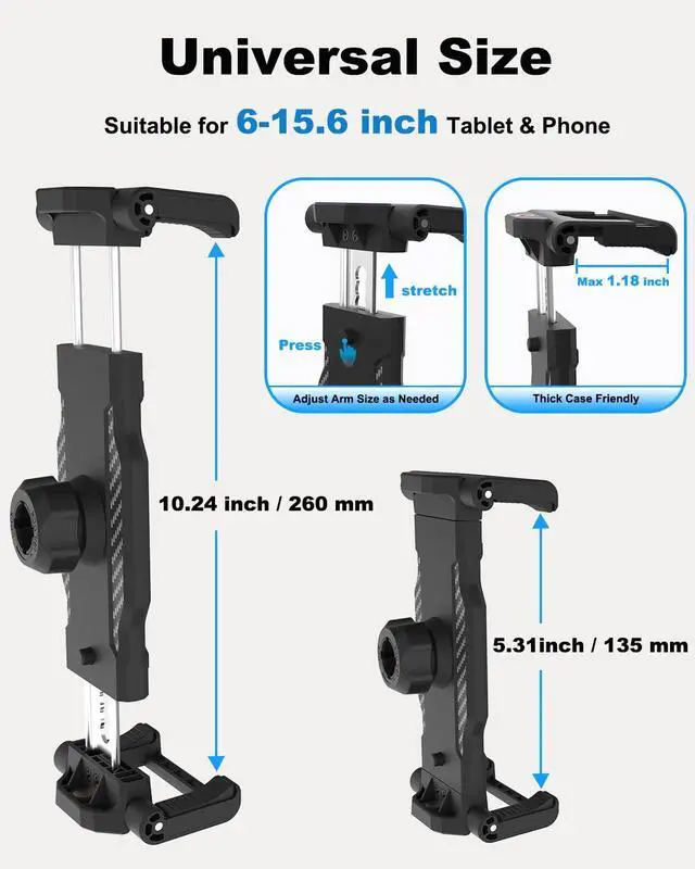 Alt view image 4 of 5 - Universal Tablet Tripod Mount Adapter for iPad with 360° Rotatable Ball Head &1/4" Screw Thread, Adjustable Clamp for 6-15.6" Phones & Tablets, Suitable for Streaming, Video Calls & Photography