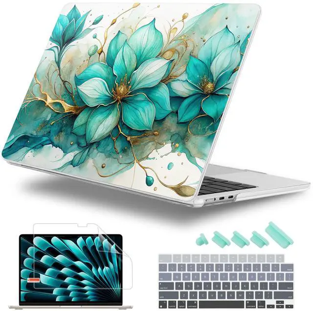 Main image of Lepeoac Case for MacBook Air 15 Inch 2025 2024 2023 Release M4 A3241 M3 A3114 M2 A2941, Hard Shell with Screen Protector & Keyboard Cover, Compatible with Touch ID, Green Floral