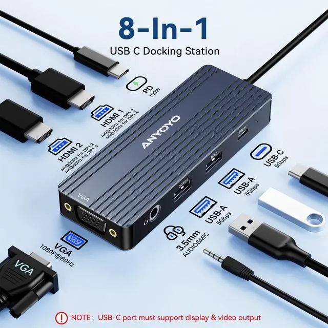 Alt view image 2 of 5 - ANYOYO USB C Docking Station Dual HDMI Monitor Adapter 8-in-1 USB C HUB 3 Monitors Adapter with 4K HDMI +VGA +PD100W+Audio Laptop Docking Station for Dell/Lenovo/HP/Samsung/ASUS (Gary)