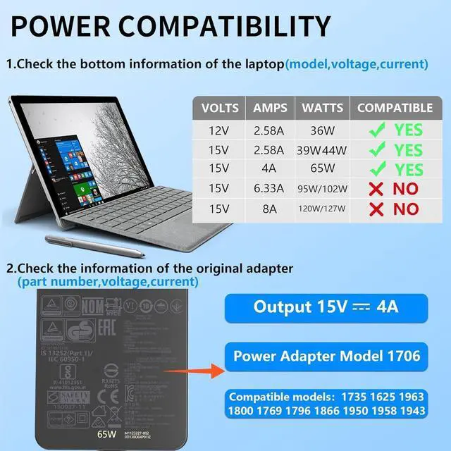Alt view image 3 of 5 - 65W 44W 39W 1706 Charger Fit for Microsoft Surface Pro 9 8 7+ 7 6 5 4 3 X Surface Laptop 5 4 3 2 1 Surface Go 3 2 1 Fit Model 1800 1951 1943 1963 1625 1796 1769 1735 Laptop Adapter Power Cord