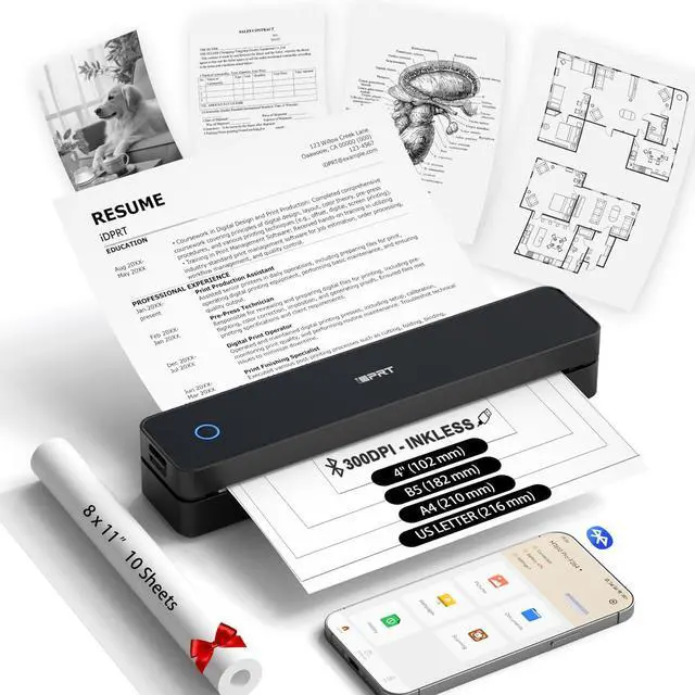Main image of iDPRT Inkless Portable Printer for Travel, 300DPI Wireless Thermal Printer Support 8.5 x 11 Inch US Letter, A4, Small Bluetooth Printers Compatible with iOS, Android Laptop for Office Car Home, Black