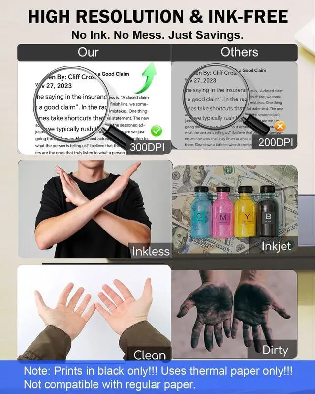 Alt view image 3 of 5 - iDPRT Inkless Portable Printer for Travel, 300DPI Wireless Thermal Printer Support 8.5 x 11 Inch US Letter, A4, Small Bluetooth Printers Compatible with iOS, Android Laptop for Office Car Home, Black