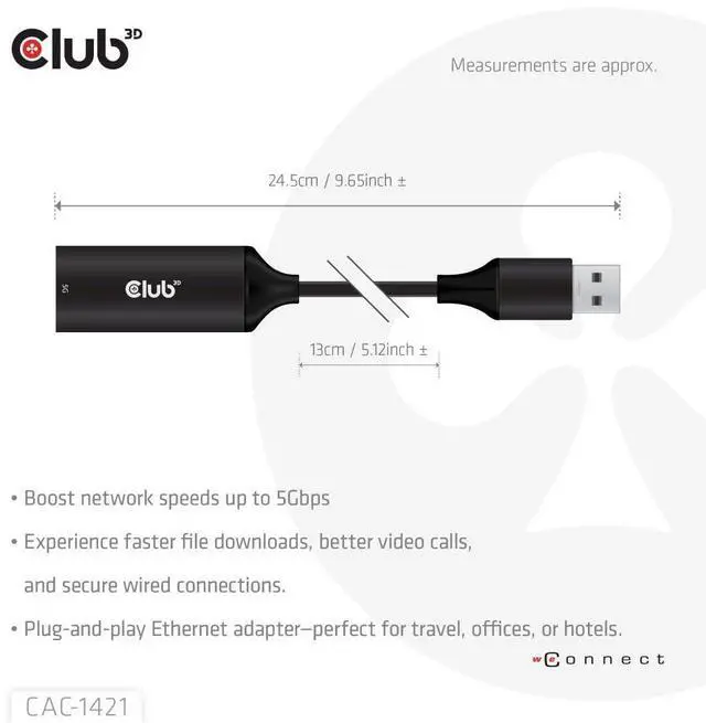 Alt view image 4 of 5 - Club 3D CAC-1421 USB 5Gbps Type-A to RJ45 Ethernet Adapter M/F
