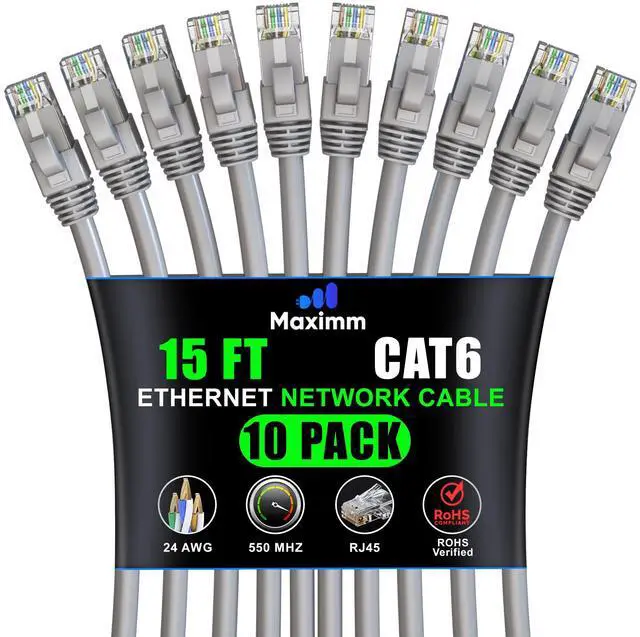 Main image of Maximm Cat 6 Ethernet Cable 15 ft (10-Pack) - High-Speed LAN Cable, Internet Cable, Patch Cable, and Network Cable - UTP, 10Gbps, 550MHz Ethernet Cord - Gray