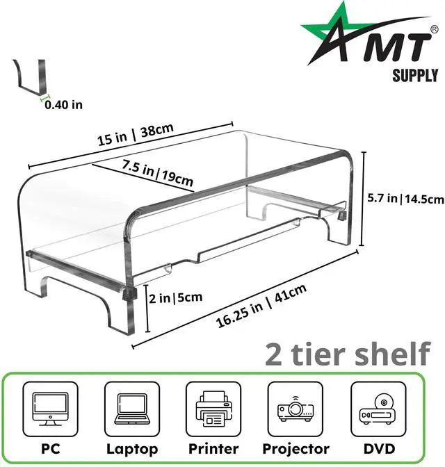 Alt view image 4 of 5 - AMT 2 Tier 5.7 Inch High Acrylic Laptop Monitor Stand & Computer Riser with Cat Keyboard Protector, Space-Saving Design, Extra Storage, Clear Shelf - Ideal for Monitors, Laptops, Printers, Desktop