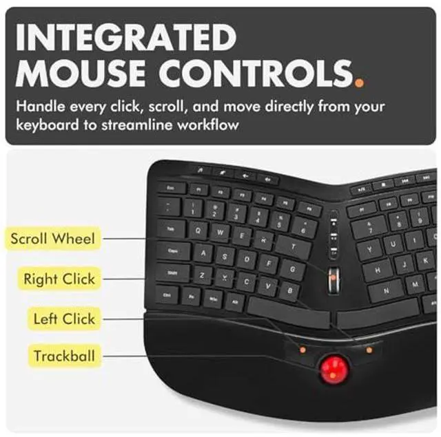 Alt view image 3 of 5 - X9 Performance Ergonomic Wireless Keyboard with Trackball - Rechargeable, Backlit, Built in Mouse Buttons - 2.4G Split Keyboard Wireless for Windows PC and Chrome - All in One Typing Solution