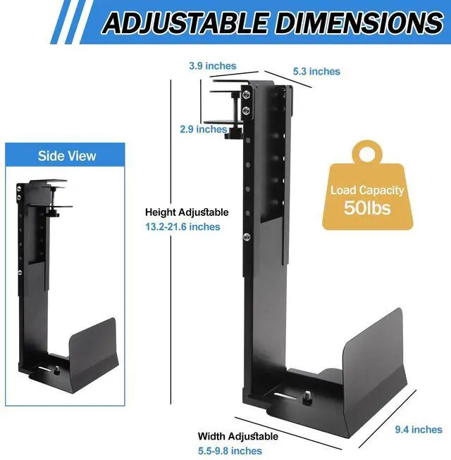 Alt view image 3 of 5 - Adjustable Clamp Mount on Desk for PC Tower - No Drilling, Height Adjustable from 13.2" to 21.6", Width Adjustable from 5.5" to 9.8", Heavy Duty Under Desk Computer Mount, Computer Mount for Desk