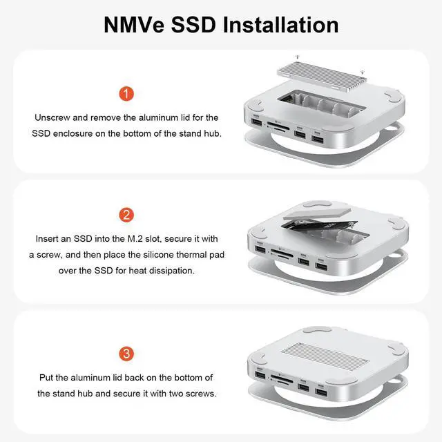 Alt view image 5 of 5 - Qwiizlab Aluminum Stand Hub for Mac mini M4/M4 Pro, Docking Station with with NVMe SSD Enclosure, 2 USB-A 10Gbps, TF/SD 4.0 Card Readers 312MB/s, USB-A 2.0, Fits M.2 NVMe SSD up to 8TB