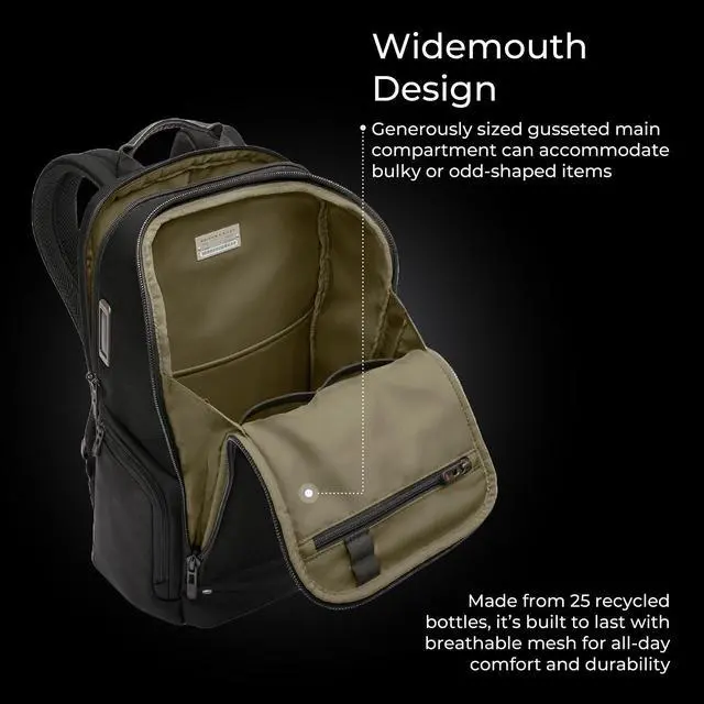 Alt view image 3 of 5 - Briggs & Riley Medium Widemouth Backpack - Carry On Travel Backpack for Women & Men, Personal Item Bag, Self-Repairing Zippers, Padded Straps, Fits up to 15.6" Laptop - HTA Collection, Black