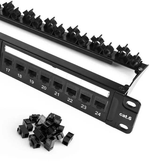 Main image of VCE Patch Panel 24 Port with 25-Pack Cat6 Black RJ45 Keystone Coupler, 1U Blank Rackmount Panel, 19 inch, 1 Pack