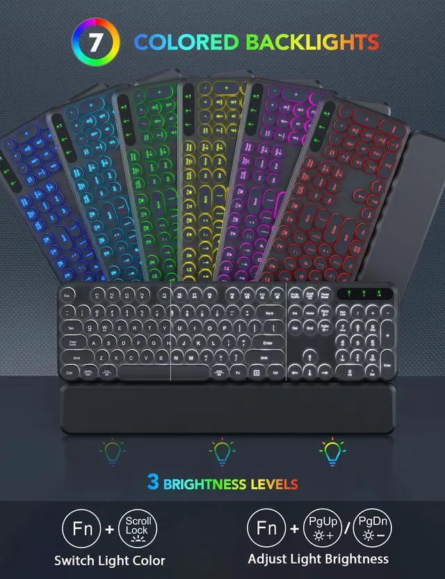 Alt view image 2 of 5 - Wireless Keyboard and Mouse Backlit - Typewriter Keyboard with Detachable Wrist Rest, Retro Round Keycaps, Light Up Letters, 2.4G Cordless Combo for Mac, Windows, PC, Laptop, Trueque [2024 Upgraded]
