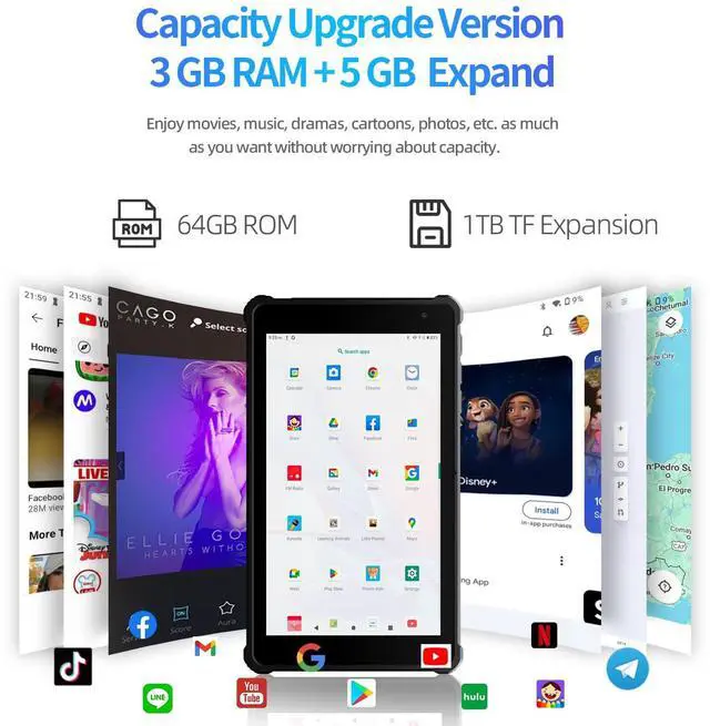 Alt view image 3 of 5 - VASOUN Android 14 Tablet 7 inch, 8GB RAM 64GB ROM, Octa-Core 2.0GHz, IPS Touch Screen, Dual Camera, 5G WiFi/Bluetooth, Kids & Adult Tablet with Case