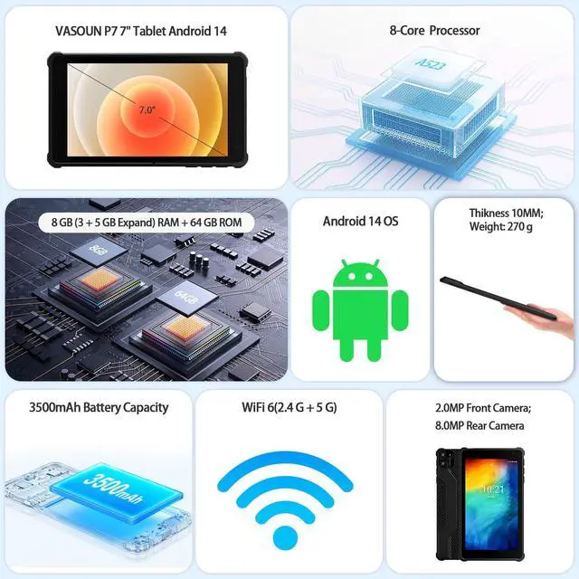 Alt view image 4 of 5 - VASOUN Android 14 Tablet 7 inch, 8GB RAM 64GB ROM, Octa-Core 2.0GHz, IPS Touch Screen, Dual Camera, 5G WiFi/Bluetooth, Kids & Adult Tablet with Case