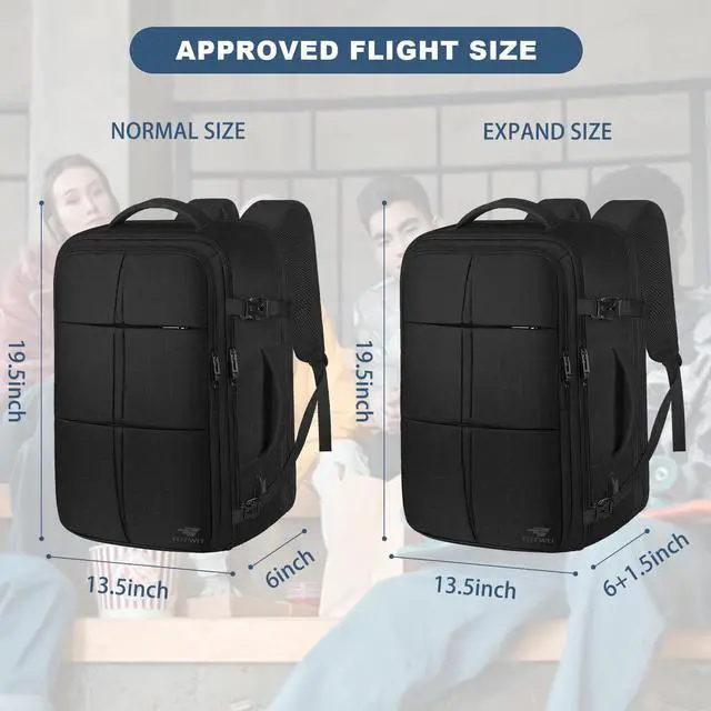 Alt view image 2 of 5 - Extra Large Travel Backpack, 55L Carry On Backpack Flight Approved with USB Charging Port, Expandable Waterproof Business Luggage Casual Bag Fits 18.4 Inch Laptops, Travel Gifts for Men Women