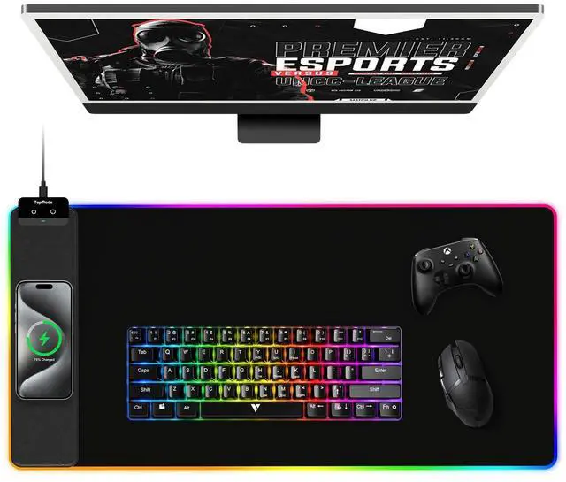 Main image of TopMade Wireless Charging Mouse Pad, RGB Gaming Mousepad Home Office Large Desk Pad with 13 Light Modes, Ultra-Smooth Surface, Non-Slip Base, Waterproof Keyboard Pad, Classic Black Desk Mat