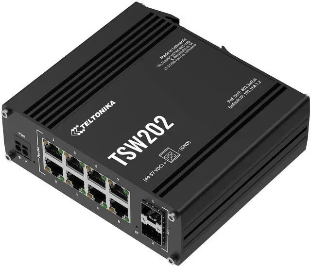 Alt view image 2 of 5 - Teltonika TSW202 Managed PoE+ Switch, 8 x Gigabit Ethernet, 2 x SFP, Profinet Certified, Integrated DIN Rail Bracket, Durable Design