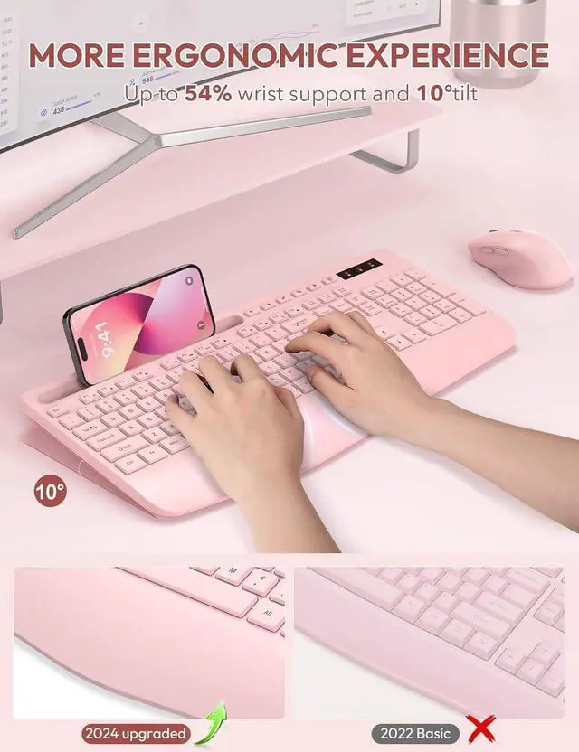 Alt view image 2 of 5 - SABLUTE Wireless Keyboard and Mouse, Wrist Rest, Phone Holder, Batteries Included, 2.4G Lag-Free Ergonomic Keyboards Mouse Combo, Silent Keyboard Cordless Set for Computer, Laptop, PC, Windows, Pink