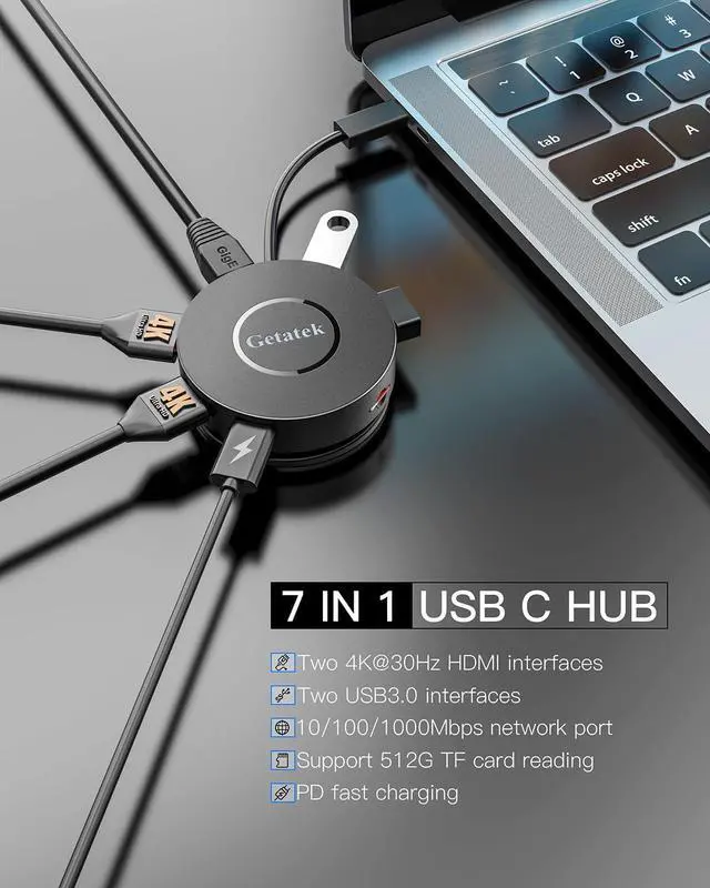 Alt view image 2 of 5 - Getatek USB C Hub, 7 Ports Type C Multiport Adapter with Dual 4K HDMI, 100W PD Charging, 2* USB 3.0 5Gbps Port,Gigabit Ethernet, TF Card Reader, for MacBook Air, MacBook Pro (USB C Dock Dual HDMI)