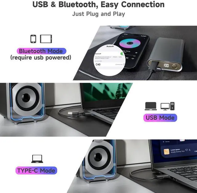 Alt view image 3 of 5 - SOULION 2.0 Computer Speakers, 10W USB-Powered Bluetooth Wired PC Speakers with Easy-Control Pod for Desktop, Tiny Desk Soundbar with 5 Mirror-Like LED Light Modes for Monitor Laptop - Black