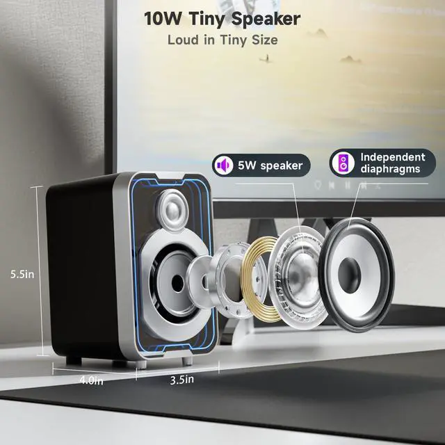 Alt view image 5 of 5 - SOULION 2.0 Computer Speakers, 10W USB-Powered Bluetooth Wired PC Speakers with Easy-Control Pod for Desktop, Tiny Desk Soundbar with 5 Mirror-Like LED Light Modes for Monitor Laptop - Black