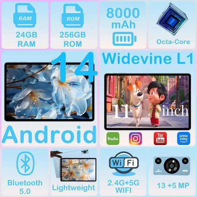 Alt view image 2 of 5 - Tablet 11 inch, 2025 Android 14 Tablet with 24GB RAM 256GB ROM ( 1TB Expand ), Octa-Core Tablets with 13MP+5MP Camera, 8000mAh, IPS HD Touch Screen, 5G WiFi Widevine L1, GPS, Split Screen -Metal Blue