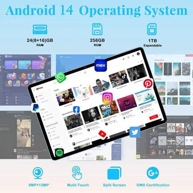 Alt view image 3 of 5 - Tablet 11 inch, 2025 Android 14 Tablet with 24GB RAM 256GB ROM ( 1TB Expand ), Octa-Core Tablets with 13MP+5MP Camera, 8000mAh, IPS HD Touch Screen, 5G WiFi Widevine L1, GPS, Split Screen -Metal Blue