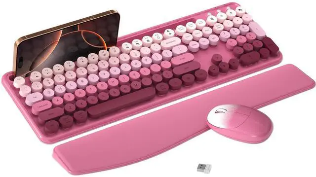 Main image of MPTOG Colorful Wireless Computer Keyboard and Mouse Combo with Phone Holder, Wrist Rest, Typewriter Keys, 2.4GHz Wireless, Full-Sized Optical Mouse for PC and Laptop(Rose-Red Colorful)