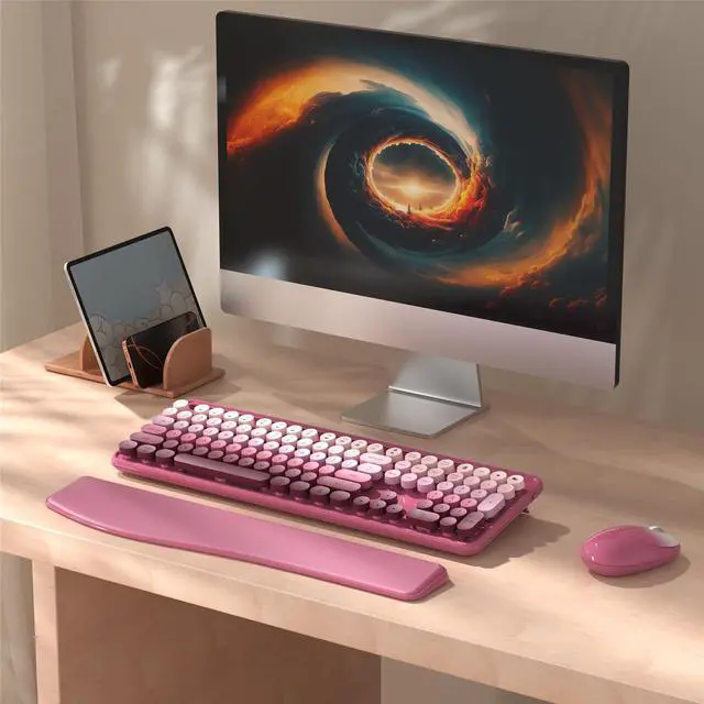 Alt view image 2 of 5 - MPTOG Colorful Wireless Computer Keyboard and Mouse Combo with Phone Holder, Wrist Rest, Typewriter Keys, 2.4GHz Wireless, Full-Sized Optical Mouse for PC and Laptop(Rose-Red Colorful)
