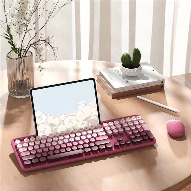 Alt view image 3 of 5 - MPTOG Colorful Wireless Computer Keyboard and Mouse Combo with Phone Holder, Wrist Rest, Typewriter Keys, 2.4GHz Wireless, Full-Sized Optical Mouse for PC and Laptop(Rose-Red Colorful)