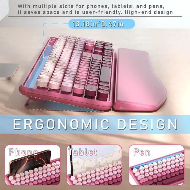 Alt view image 4 of 5 - MPTOG Colorful Wireless Computer Keyboard and Mouse Combo with Phone Holder, Wrist Rest, Typewriter Keys, 2.4GHz Wireless, Full-Sized Optical Mouse for PC and Laptop(Rose-Red Colorful)