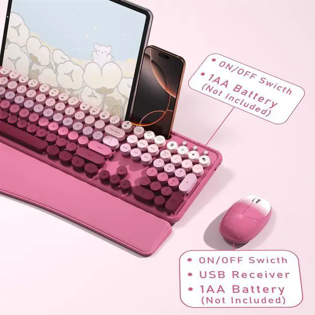 Alt view image 5 of 5 - MPTOG Colorful Wireless Computer Keyboard and Mouse Combo with Phone Holder, Wrist Rest, Typewriter Keys, 2.4GHz Wireless, Full-Sized Optical Mouse for PC and Laptop(Rose-Red Colorful)