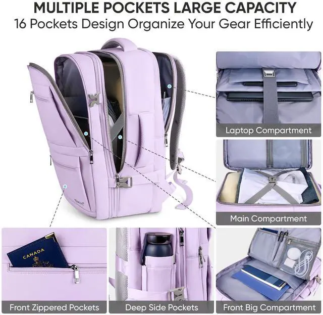 Alt view image 5 of 5 - BALEINE Travel Backpack for Women Men, Large Sturdy Carry On Laptop Backpack Gifts for Business, Casual, Weekender, Hiking (XL, Lavender)