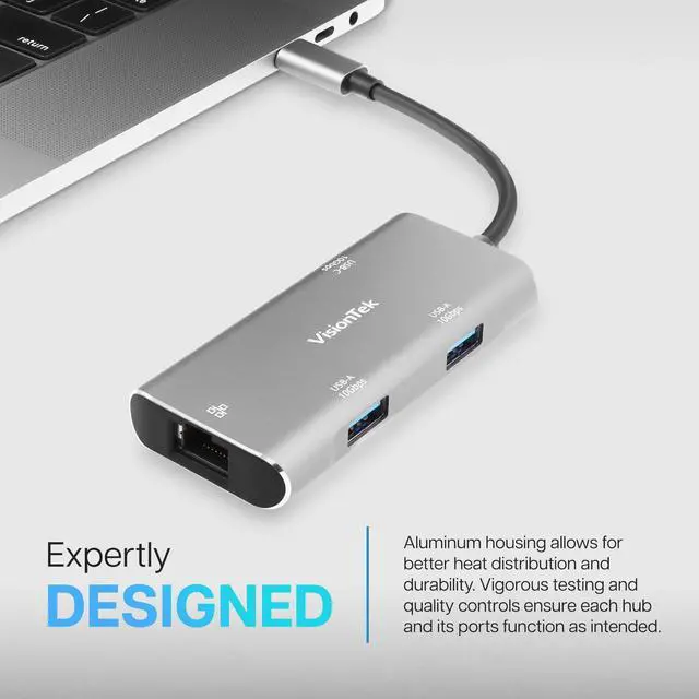 Alt view image 2 of 5 - VisionTek USB-C Hub with Ethernet, 2X USB-A, 1x USB-C for MacBook, Windows, Chromebook - Portable Bus Powered Adapter