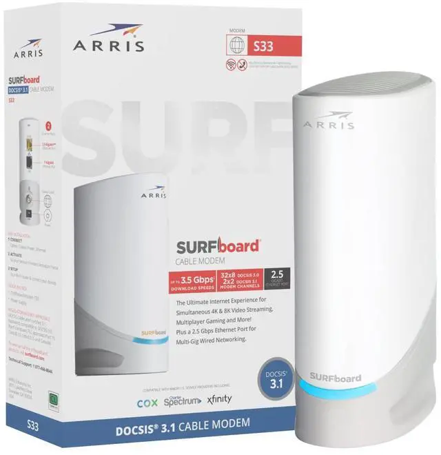 Alt view image 5 of 5 - ARRIS (S33) - Cable Modem - Fast DOCSIS 3.1 Multi-Gigabit Cable Modem For Comcast Xfinity, Cox, Spectrum & More 1 & 2.5 Gbps Ports 2.5 Gbps Max Internet Speeds 2 Year Warranty - (No Built-in Wifi)