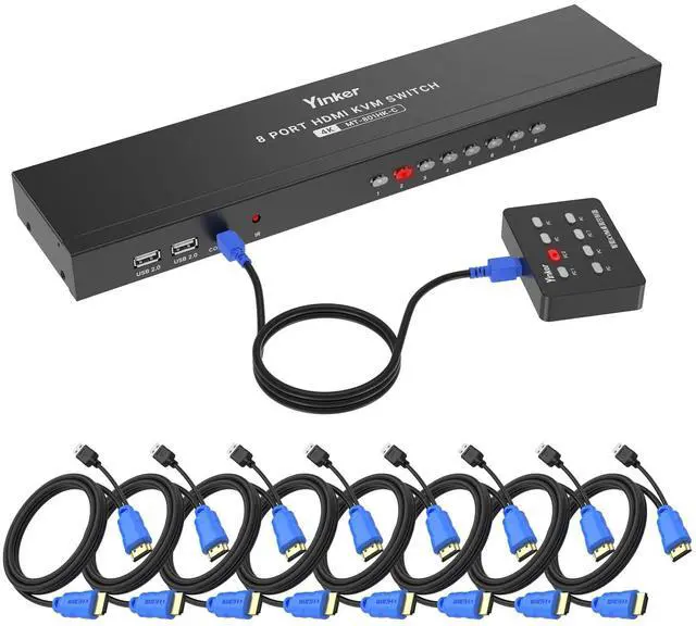 Main image of KVM Switch HDMI 8 Port, Yinker 4K@30Hz USB HDMI Rack KVM Console 8 in 1 Out w/9pack Cables 4 USB 2.0 Hubs Desktop Selector IR Remote & Ears