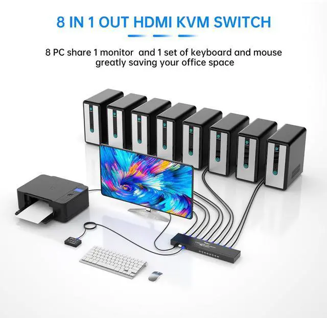 Alt view image 2 of 5 - KVM Switch HDMI 8 Port, Yinker 4K@30Hz USB HDMI Rack KVM Console 8 in 1 Out w/9pack Cables 4 USB 2.0 Hubs Desktop Selector IR Remote & Ears