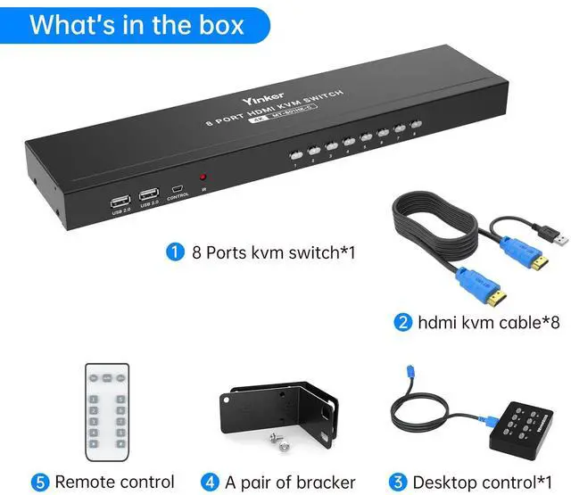 Alt view image 5 of 5 - KVM Switch HDMI 8 Port, Yinker 4K@30Hz USB HDMI Rack KVM Console 8 in 1 Out w/9pack Cables 4 USB 2.0 Hubs Desktop Selector IR Remote & Ears