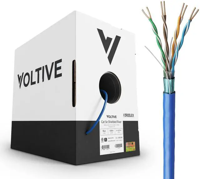 Main image of Voltive Cat5e Shielded Riser (CMR), 1000ft, Blue - Solid Bare Copper Bulk Ethernet Cable - FTP - 350MHz - UL Certified & ETL Verified