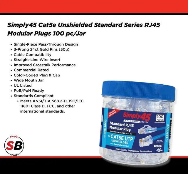Alt view image 2 of 5 - Simply45 Standard WE/SS RJ45 Modular Plugs for 24AWG Cat5e Connector UTP Solid and 28-26 AWG Cat5e/6 UTP Stranded - Blue Tint, 3-Prong Pin Design - 100-Pieces - S45-1000