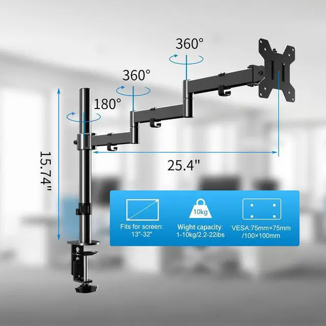 Alt view image 2 of 5 - Single Long Monitor Stand, 13 to 32 inch Computer Monitor Desk Mount, Extra Long Adjustable Computer Arm, VESA Stand for 1 Screen, Max VESA 100x100, MD9431