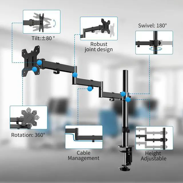 Alt view image 3 of 5 - Single Long Monitor Stand, 13 to 32 inch Computer Monitor Desk Mount, Extra Long Adjustable Computer Arm, VESA Stand for 1 Screen, Max VESA 100x100, MD9431