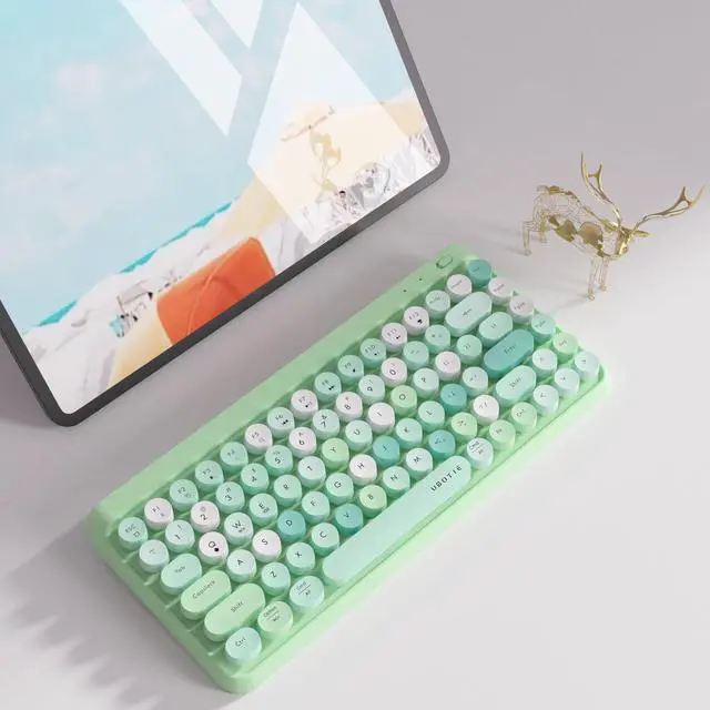 Alt view image 2 of 5 - UBOTIE Portable Bluetooth Colorful Computer Keyboards, Wireless Mini Compact Retro Typewriter Flexible 84Keys Design Keyboard (Green-Colorful)