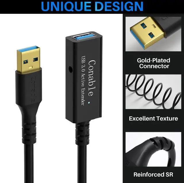 Alt view image 2 of 5 - USB 3.0 Active Extension Cable 100 Feet, Long USB Type-A Male to Female Extender Cord, Built-in 3 Signal Booster Smart Chips, 5Gbps Transfer, Black USB Extension Cable with an AC Power Adapter (5V 2A)