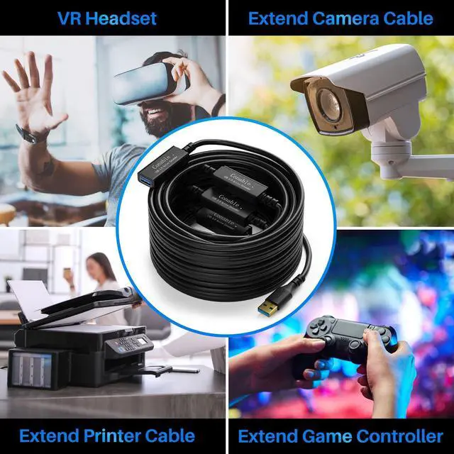 Alt view image 5 of 5 - USB 3.0 Active Extension Cable 100 Feet, Long USB Type-A Male to Female Extender Cord, Built-in 3 Signal Booster Smart Chips, 5Gbps Transfer, Black USB Extension Cable with an AC Power Adapter (5V 2A)