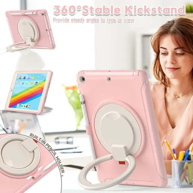 Alt view image 3 of 5 - BATYUE for iPad 9th/ 8th/ 7th Generation Case (iPad 10.2 Case 2021/2020/2019) with Screen Protector,Rugged Case with Rotating Stand/Pencil Holder/Pencil Cap Holder (Cheery Pink)