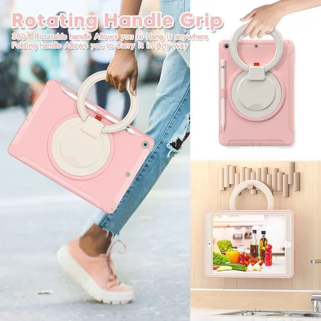 Alt view image 4 of 5 - BATYUE for iPad 9th/ 8th/ 7th Generation Case (iPad 10.2 Case 2021/2020/2019) with Screen Protector,Rugged Case with Rotating Stand/Pencil Holder/Pencil Cap Holder (Cheery Pink)