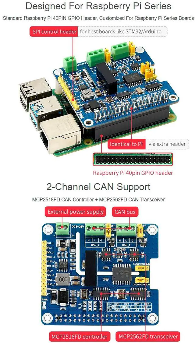 Alt view image 3 of 5 - 2-Channel Isolated CAN FD Expansion HAT for All Raspberry Pi, Support CAN2.0 and CAN FD Protocols,with MCP2518FD CAN Controller + MCP2562FD CAN Transceiver Onboard Multi Protection Circuits
