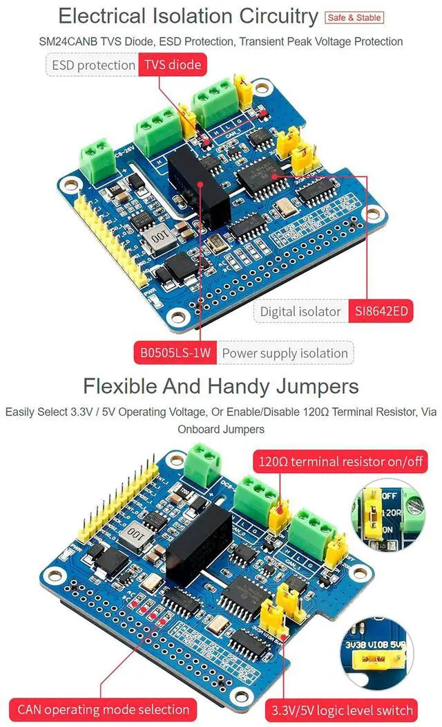Alt view image 4 of 5 - 2-Channel Isolated CAN FD Expansion HAT for All Raspberry Pi, Support CAN2.0 and CAN FD Protocols,with MCP2518FD CAN Controller + MCP2562FD CAN Transceiver Onboard Multi Protection Circuits