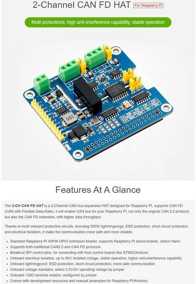 Alt view image 2 of 5 - 2-Channel Isolated CAN FD Expansion HAT for All Raspberry Pi, Support CAN2.0 and CAN FD Protocols,with MCP2518FD CAN Controller + MCP2562FD CAN Transceiver Onboard Multi Protection Circuits