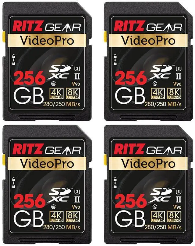 Main image of Ritz Gear Video Pro SD UHS-II 256GB SDXC Memory Card 4-Pack U3 V90 A1, Extreme Performance Professional (R 280mb/s 250mb/s W) for Advanced DSLR,Well-Suited for Video, Including 4K,8K, 3D, Full HD